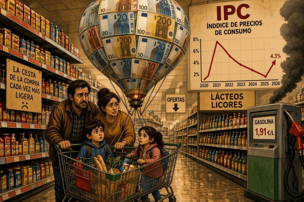 Familia preocupada en un supermercado, mirando con inquietud mientras empujan un carrito lleno de compras. Un globo aerostático con euros sobre ellos, gráfico de IPC y precios de gasolina visible de fondo.